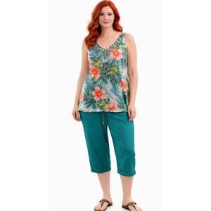 ERIKA Women's Plus Size Capris 2XL Linen Rayon Teal Summer Casual